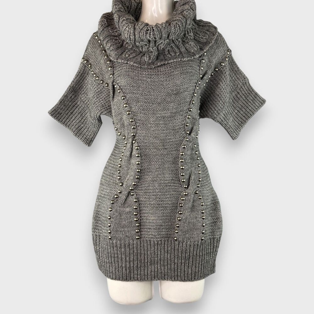 90s Gray Chunky Long Turtleneck Sweater Wool Blend Studded Boho Chic Size L